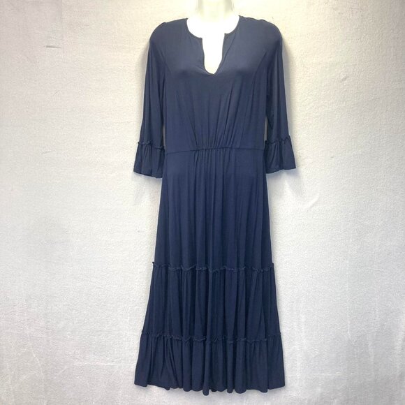 Boden Navy Blue Tiered Maxi Dress Womens 6 Split Neck Bell Sleeve Stretch Jersey - Picture 1 of 12